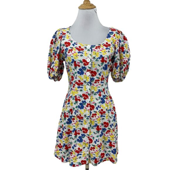 Rixo Dress Womens 0 Multi Linen Blend Floral Puff Sleeve Button Up A-Line Mini - Picture 1 of 14